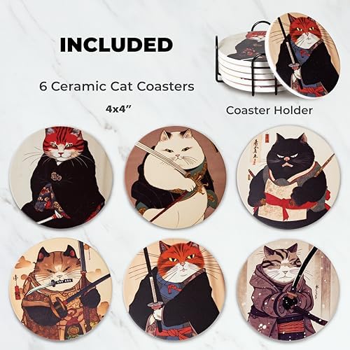 Ninja Cat Coasters Set of 6 - Cat Gifts for Men Anime Decor, Funny
