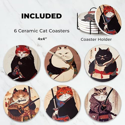 Ninja Cat Coasters Set of 6 - Cat Gifts for Men Anime Decor, Funny