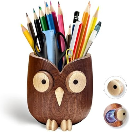 Solid Wood Owl Pen Holder for Desk with Adjustable Expressions, Funny