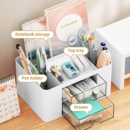 Marbrasse Pen Organizer with 2 Drawer, Multi-Functional Pencil Holder
