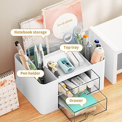 Marbrasse Pen Organizer with 2 Drawer, Multi-Functional Pencil Holder