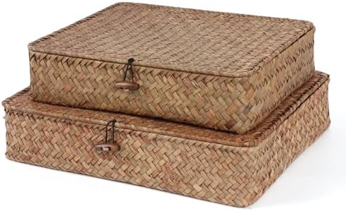 Moosky Flat Wicker Shelf Baskets with Lid, Handwoven Seagrass Basket