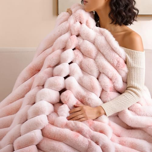 Smoofy Tie dye Pink Fluffy Faux Rabbit Fur Striped Blanket 60"x80"