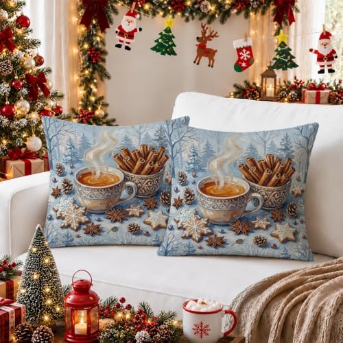 Winter Hot Cocoa Coffee Theme Christmas Throw Pillow Covers 12x12 Set