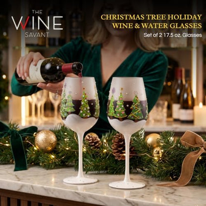 Holiday Christmas Tree Stemmed Wine Glasses Set Of 2 17.5Oz Festive