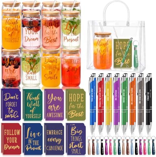 Rtteri 80 Pcs Inspirational Glass Cup Bulk Gift Set 16oz with Lid and