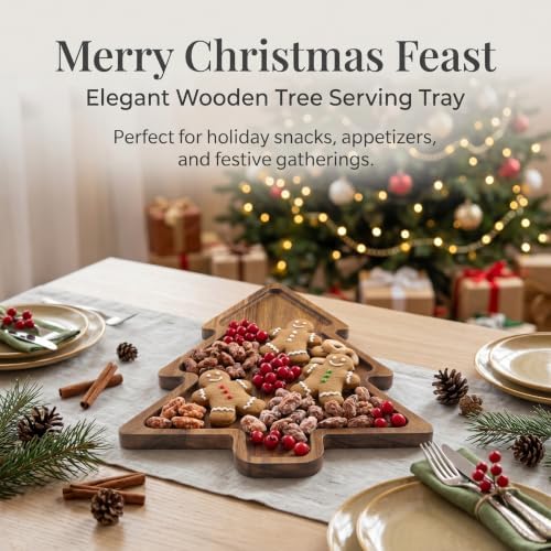 Acacia Wood Christmas Tree Charcuterie Board Tray Platter, Xmas