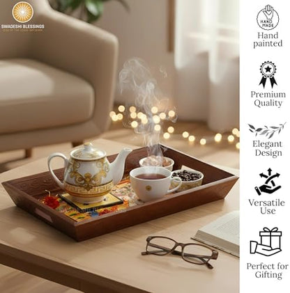 Swadeshi Blessings Hand-Painted Wooden Serving Tray Set of 3, Brown