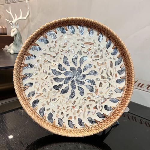 14 inch Round Rattan Tray Home Decor, Wicker Serving Tray with Mother