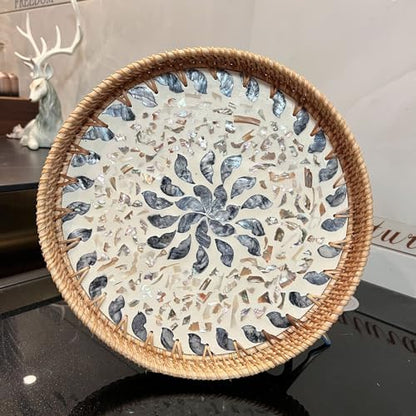 14 inch Round Rattan Tray Home Decor, Wicker Serving Tray with Mother