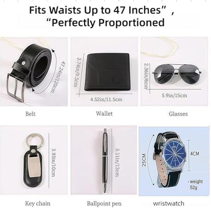 Mens Gift Set 6 PC Watch Wallet Belt Sunglasses Pen Key Ring Box