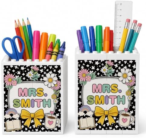 Personalized Pen Holder for Desk, Floral Building Blocks Gifts for