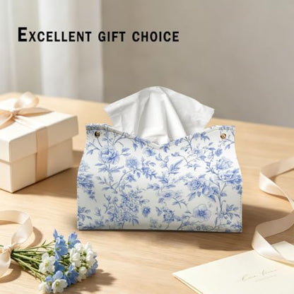 UTELKA Blue Flroal Rectangle Tissue Box Cover PU Tissue Holder 9.8x6x7