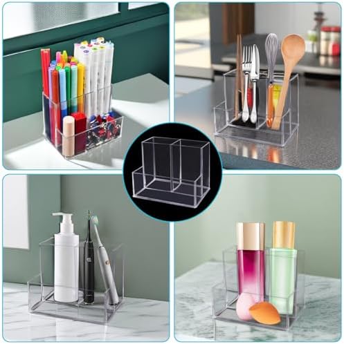 HSYMQ Desktop Clear Pen Holder with 3 Compartments, Acrylic Pencil