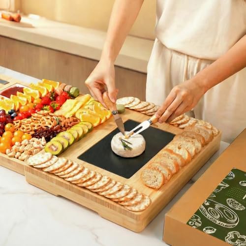 Extra Large Bamboo Charcuterie Board, 3-Layer Pull-Out Cheese Trays
