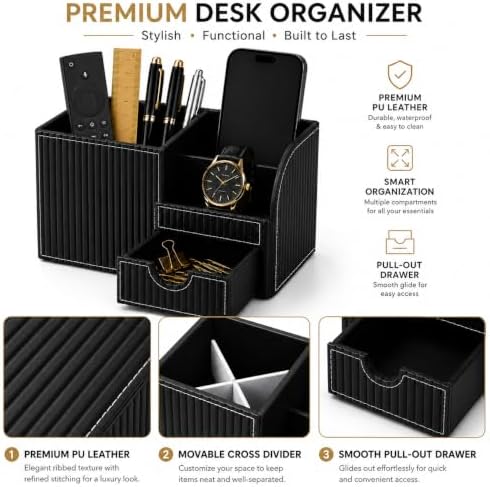 KINGFOM Executive Leather Desk Organizer with Drawer, Modern Black