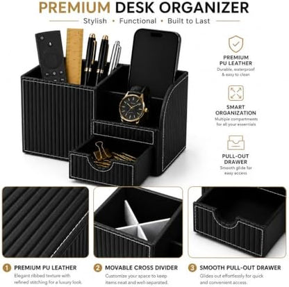 KINGFOM Executive Leather Desk Organizer with Drawer, Modern Black