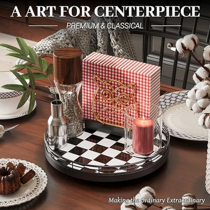 10.2-Inch Black and White Checkerboard Lazy Susan with Oak Base