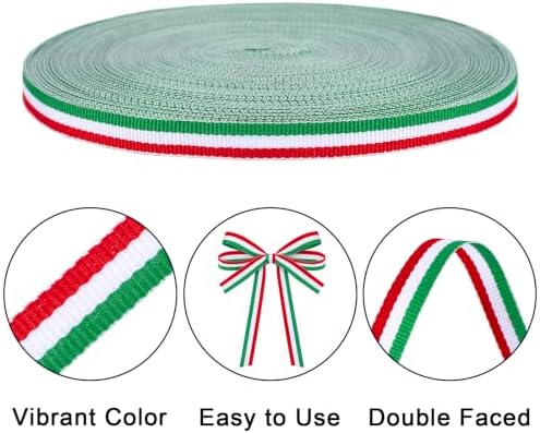 KINGLAKE Red White and Green Striped Ribbon - 3/8 Inch x 55 Yards