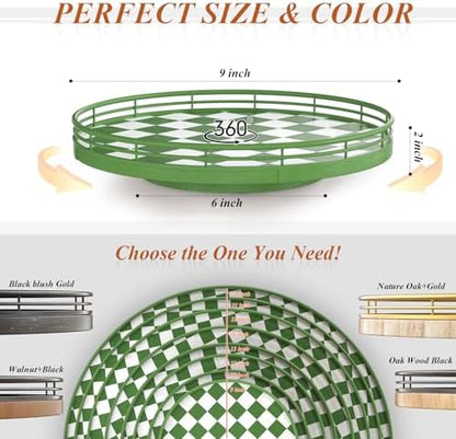 Green and White Checkerboard Lazy Susan with Rubberwood Base and Metal