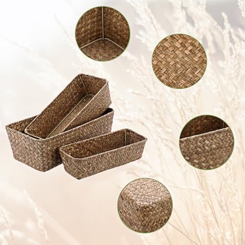 3 Natural Wicker Basket Set Rectangular Handwoven Seagrass Basket