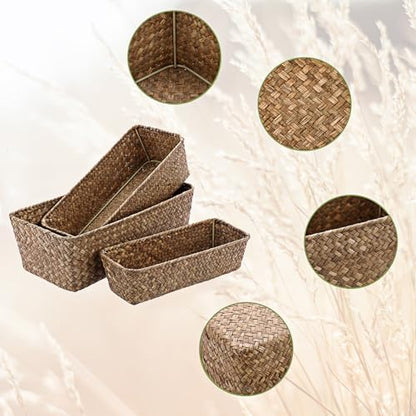3 Natural Wicker Basket Set Rectangular Handwoven Seagrass Basket