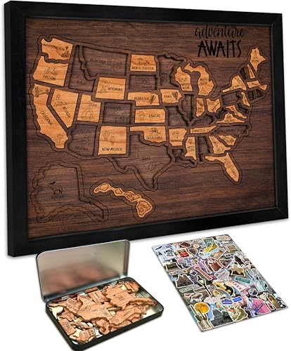 flinelife USA Landmarks Travel Map, 13x11, Wooden USA Map Puzzle