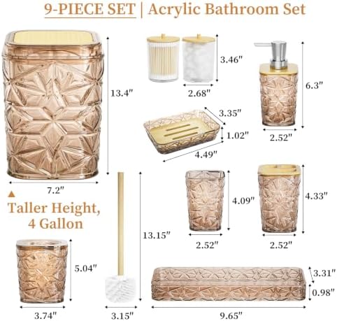 Bathroom Accessory Set, 9-Piece Brown Bathroom Set with Trash Can