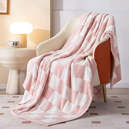 SeaRoomy Fuzzy Checkered Throw Blanket for Couch,Light Pink 51"X63"