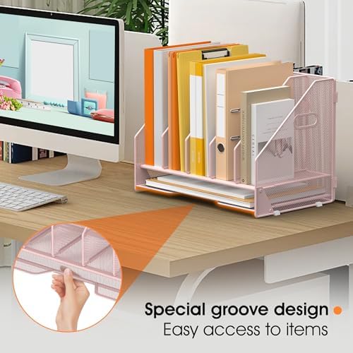 5 Vertical Mesh Desk Organizer with Paper Letter Tray, Pink