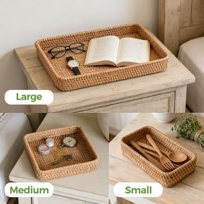 Rattan Serving Tray,Rectangle Wicker Storage Basket Set of 3 for
