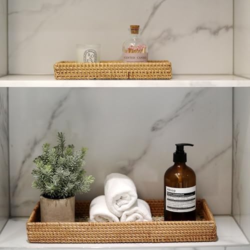 2 Pack Rattan Bathroom Vanity Tray with Mother of Pearl Inlay, Toilet