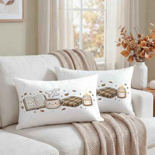 Cozy Autumn Reading Theme Book Throw Pillow Covers 12x20 Set of 2