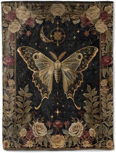 Gothic Moth and Rose Flannel Blanket - Mystical with Lunar Moon