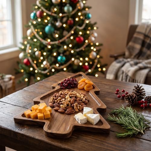 Acacia Wood Christmas Tree Charcuterie Board Tray Platter, Xmas