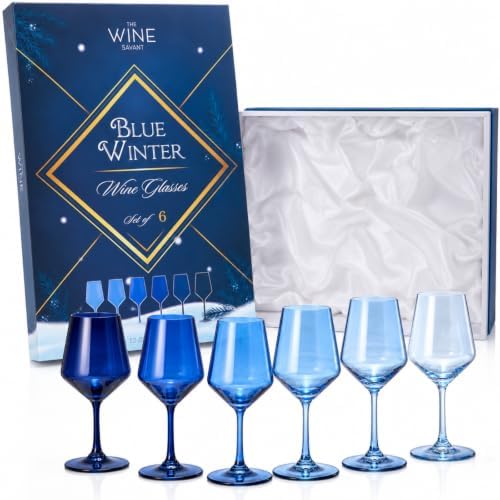 Winter Blue Christmas Wine Glasses Set of 6 Colored Crystal 12oz Navy