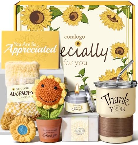 7pcs Thank You Gift Basket for Women, Crochet Sunflower