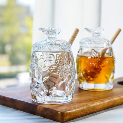 4.5 OZ Crystal Honey Jar with Dipper, Glass Honey Container with Lid