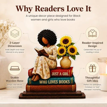 Book Lover Gifts for Women, Black Girl Reading Desk Plaque, Bookshelf