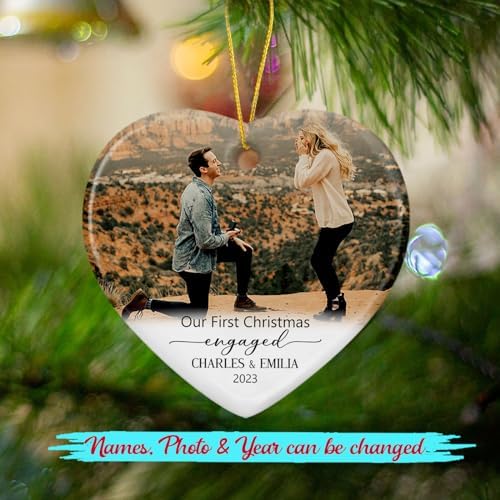 Personalized Photo Our First Christmas Engaged Ceramic Ornament