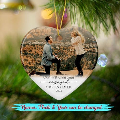 Personalized Photo Our First Christmas Engaged Ceramic Ornament