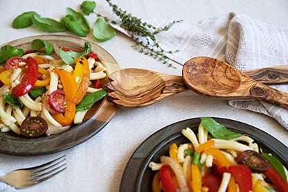 Olive Wood Salad Server Set - 12 Inch Wooden Tongs - Rustic French