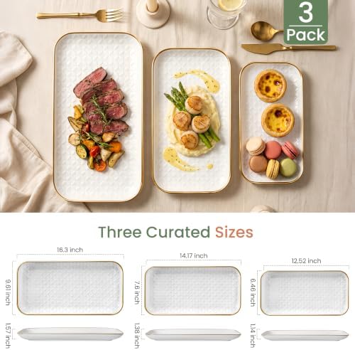 Kassel Gold Rim Ceramic Serving Platter 16”/14”/12” Decorative White