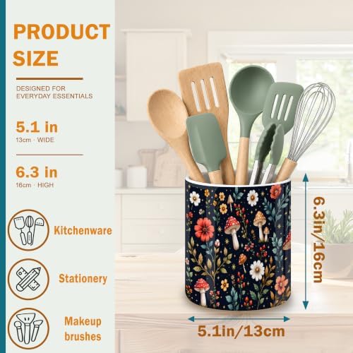 Navy Woodland Mushrooms Ceramic Kitchen Utensil Holder 6.3"