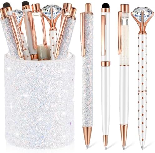 Sabary 8 Pcs White Diamond Pens with Glitter Desk Pen Holder for Women
