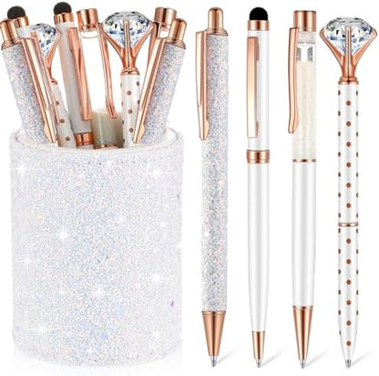 Sabary 8 Pcs White Diamond Pens with Glitter Desk Pen Holder for Women