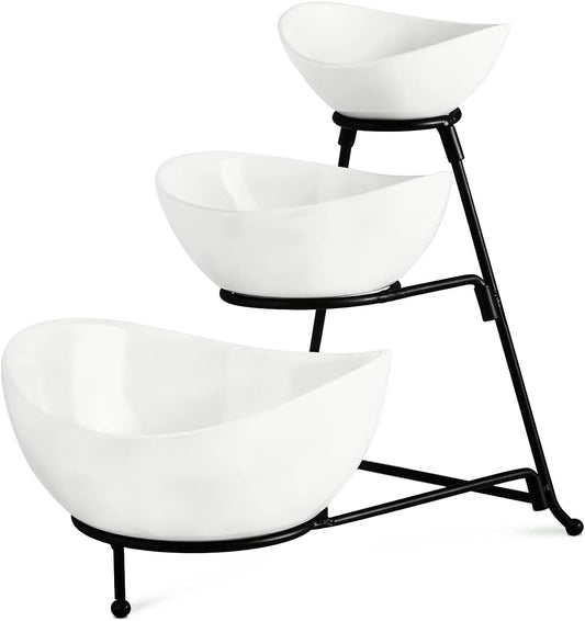 YHOSSEUN 3 Tier Serving Stand with 3 Oval Porcelain Serving Bowl Set | Chip and Dip Serving Dishes For Entertaining, Party, Tiered Sering Tray with Collapsible Thicker Sturdier Metal Rack, Black