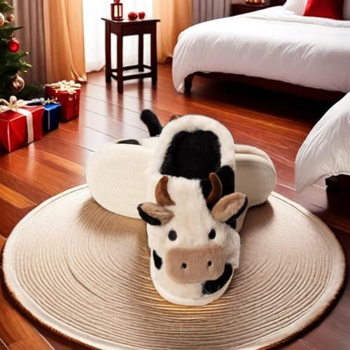 Cute Cartoon Cow Animal Fuzzy Slippers for Women,Warm Plush Winter