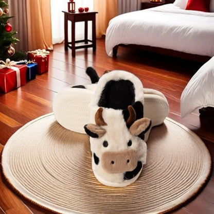 Cute Cartoon Cow Animal Fuzzy Slippers for Women,Warm Plush Winter