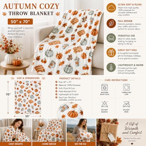 Fall Soft Fleece Throw Blanket, Pumpkin Spice Design, 50x70, Oversized